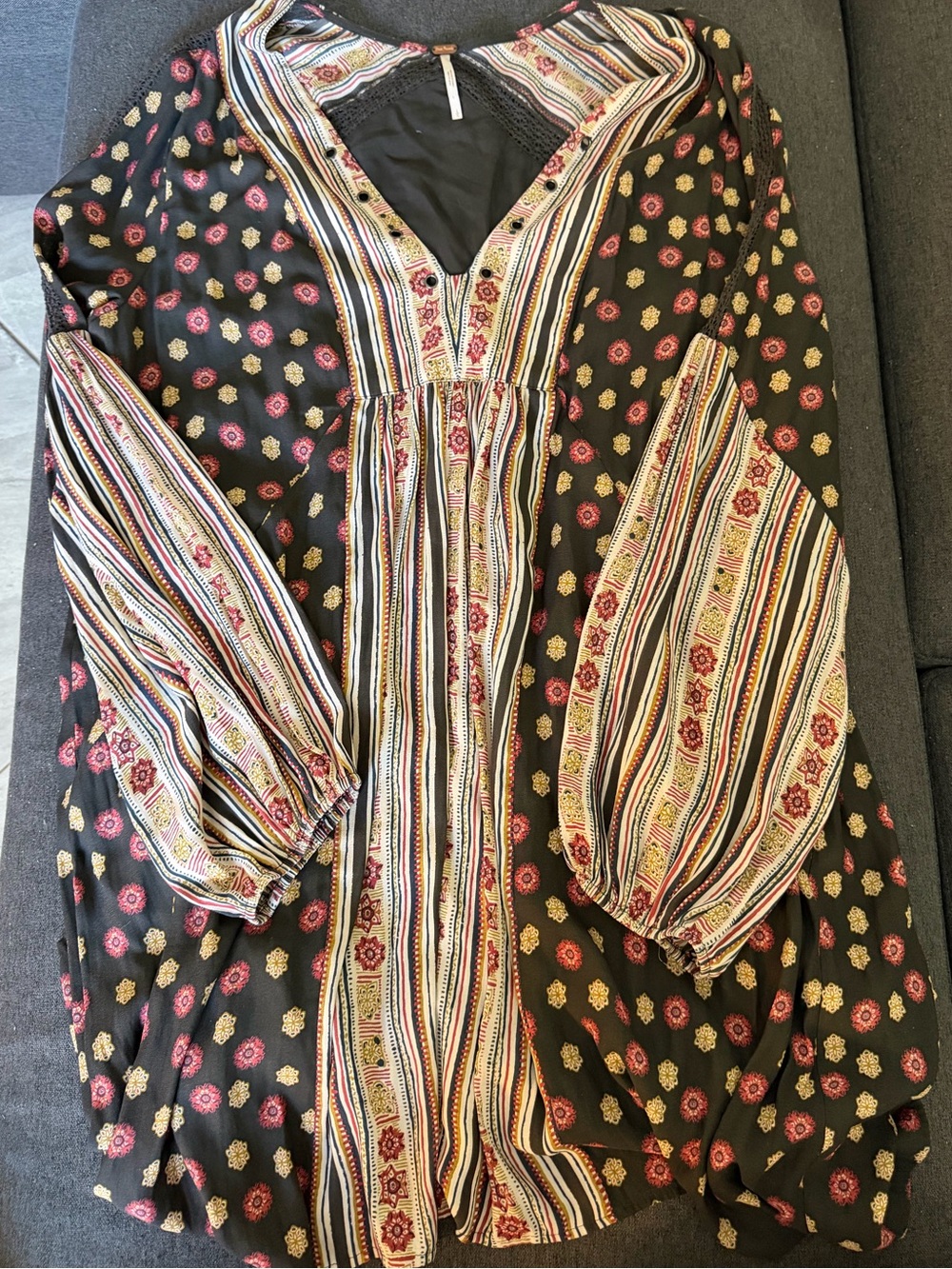 Free People Black Floral & Stripe Long Sleeve Peasant Dress